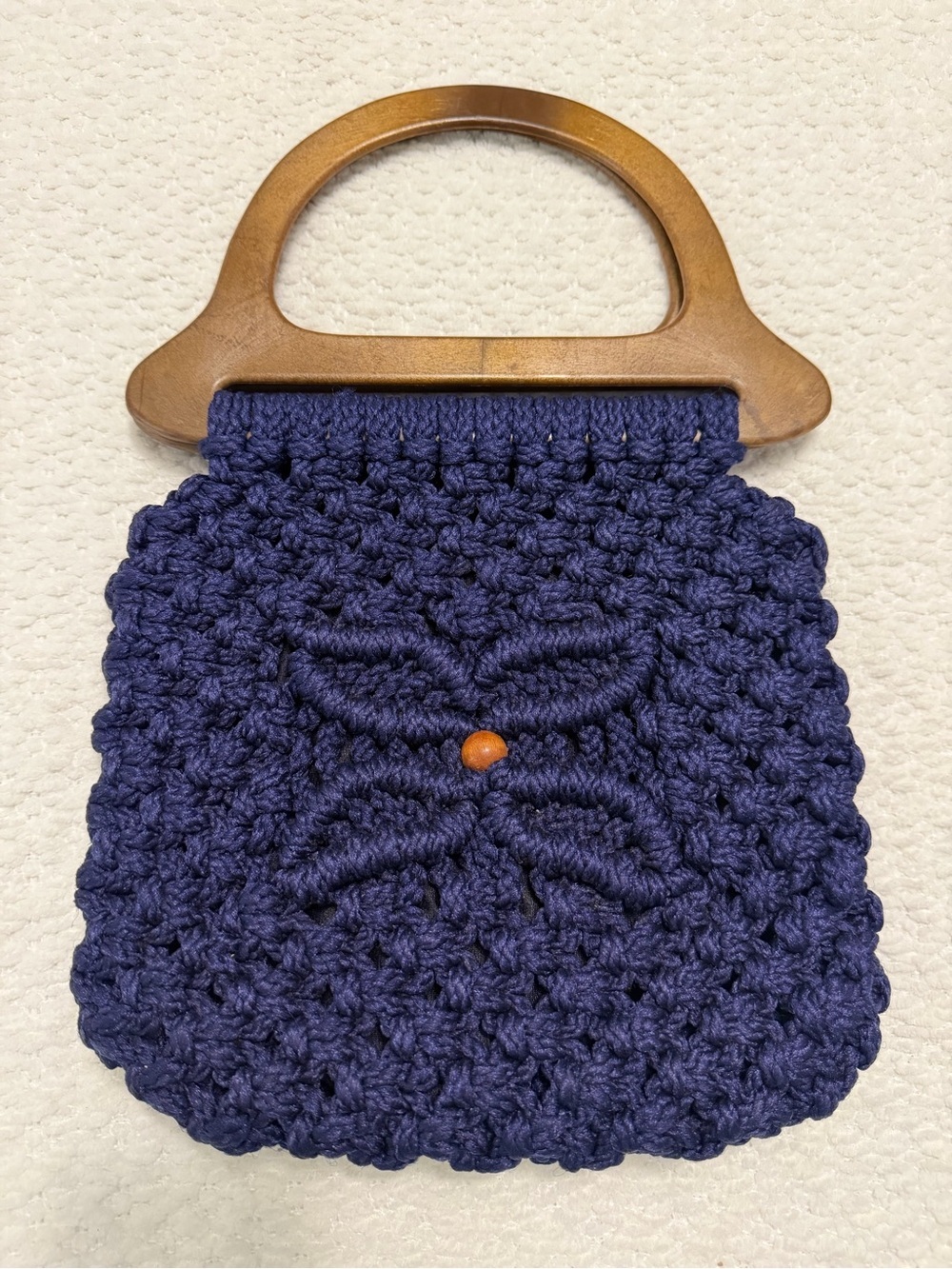 Vintage Handmade Macrame Handbag Brown Wood Handles Blue Purse - Picture 3 of 10